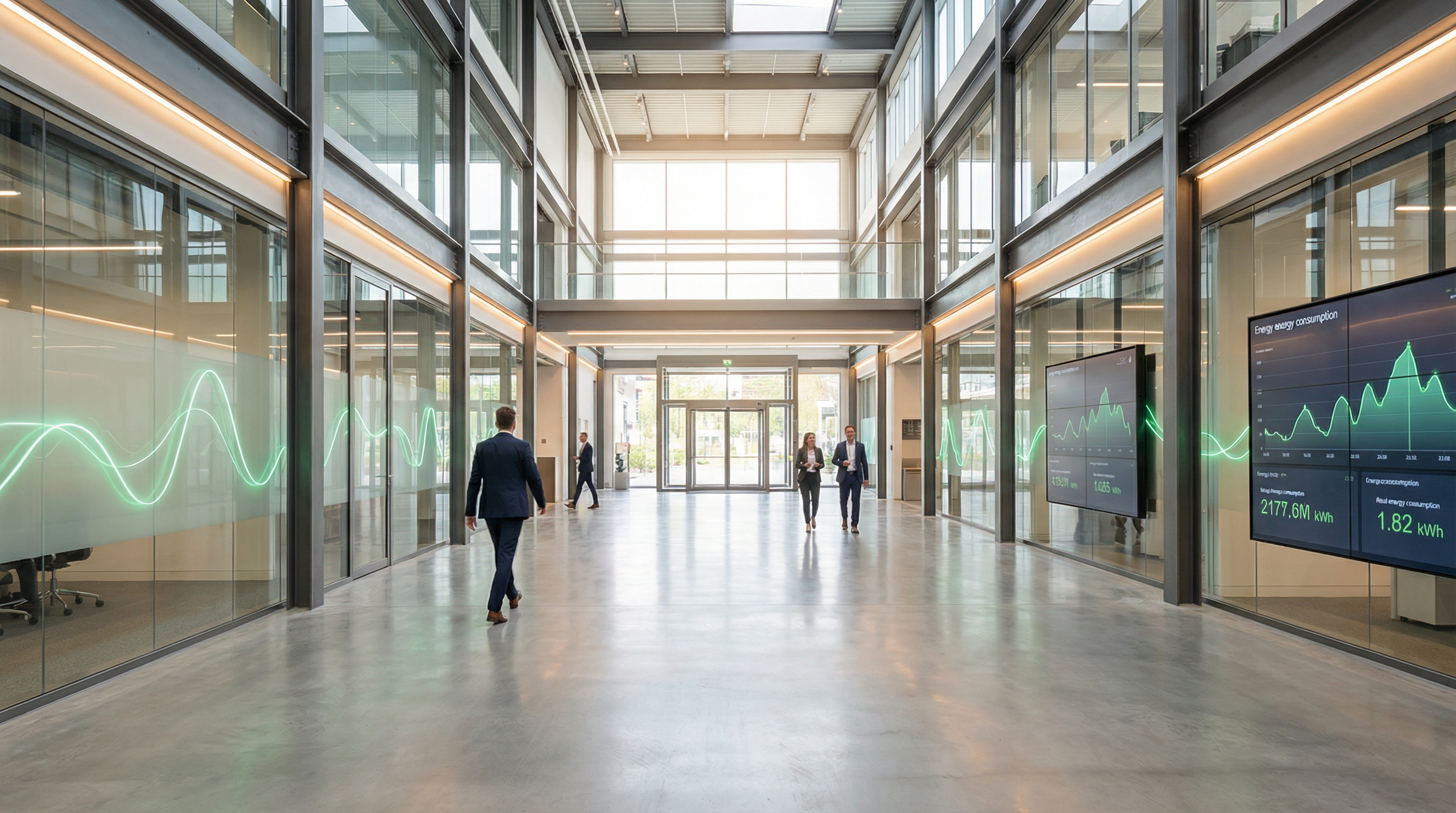 Moderne Industriehalle mit Energie-Daten-Overlay